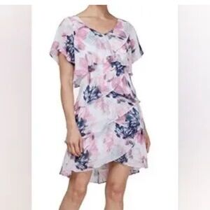 SLNY Pink Tiered Sleeveless Floral Flared Dress 12 NWOT